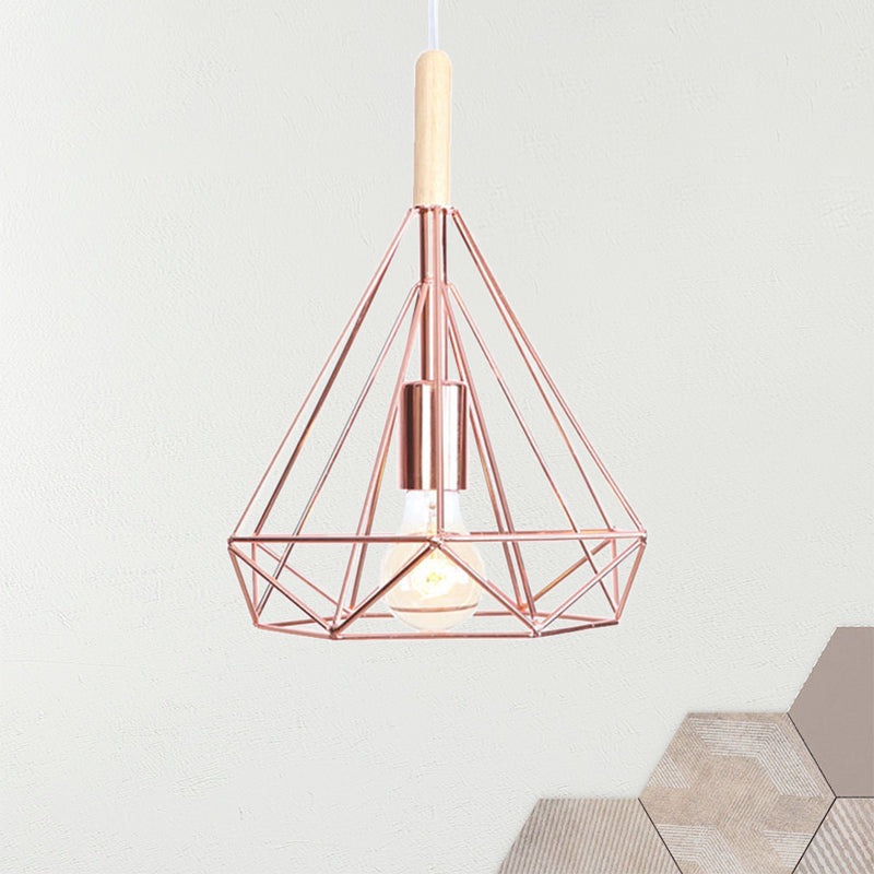 Diamond Metal Cage Pendant Light Nordic Industrial 1 Light Ceiling Hanging Light in Rose Gold