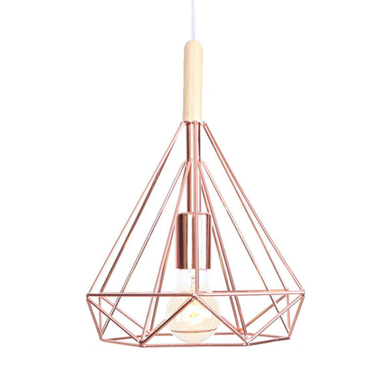 Diamond Metal Cage Pendant Light Nordic Industrial 1 Light Ceiling Hanging Light in Rose Gold