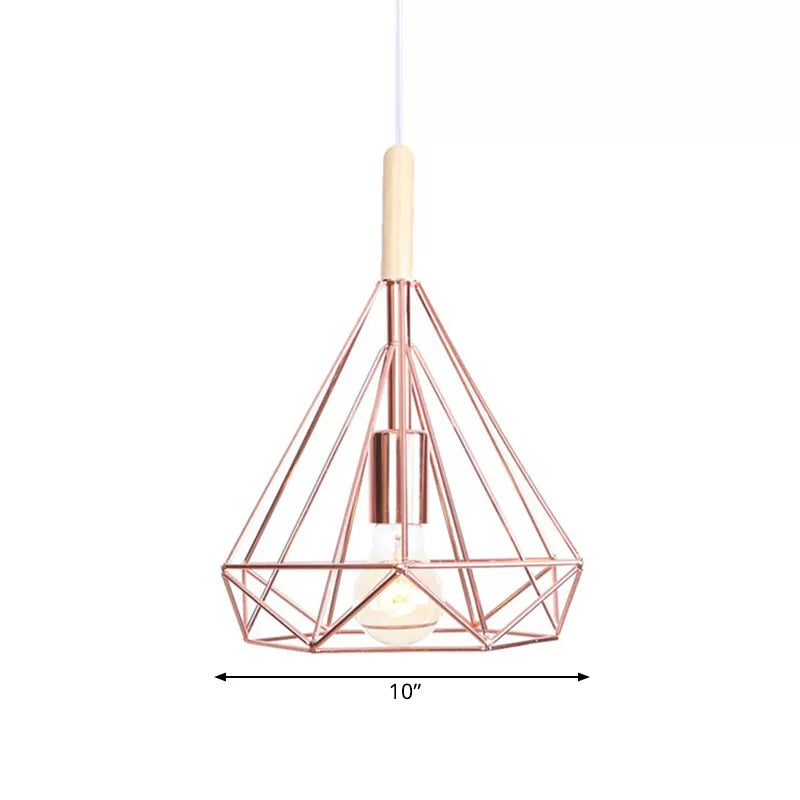 Diamond Metal Cage Pendant Light Nordic Industrial 1 Light Ceiling Hanging Light in Rose Gold