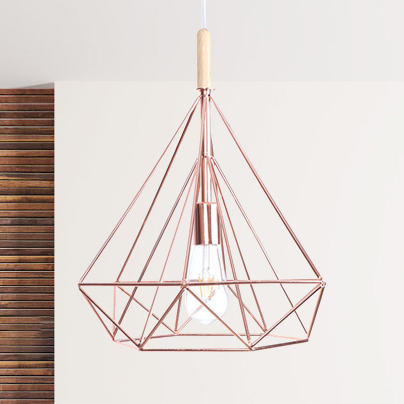 Diamond Metal Cage Pendant Light Nordic Industrial 1 Light Ceiling Hanging Light in Rose Gold
