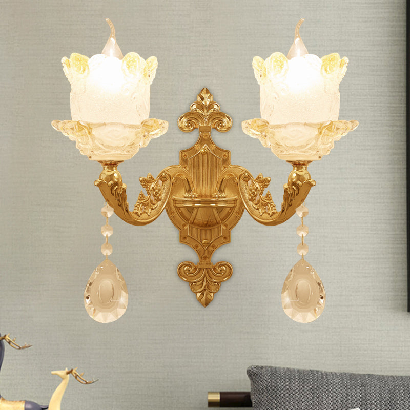 Traditional Scrolled Arm Sconce 1/2-Bulb Glass Blossom Shade Wall Mount Light in Brass with Crystal Accents