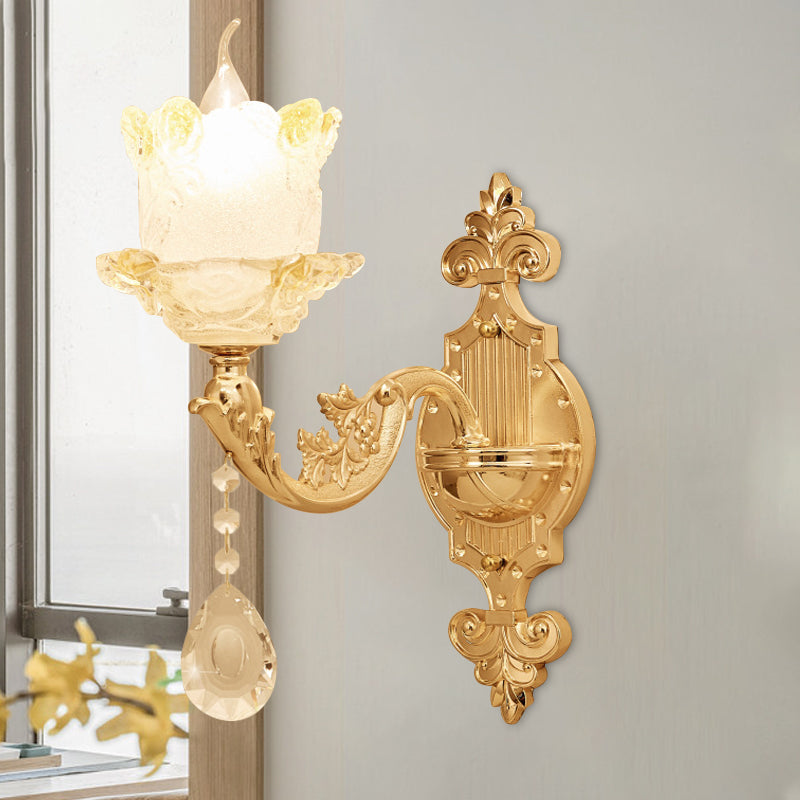 Traditional Scrolled Arm Sconce 1/2-Bulb Glass Blossom Shade Wall Mount Light in Brass with Crystal Accents