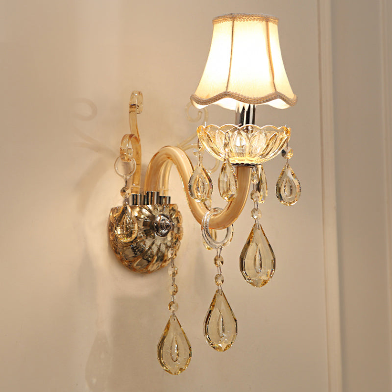 1/2-Head Swirled Arm Wall Lighting Traditional Champagne Crystal Drops Sconce with Flared Fabric Shade
