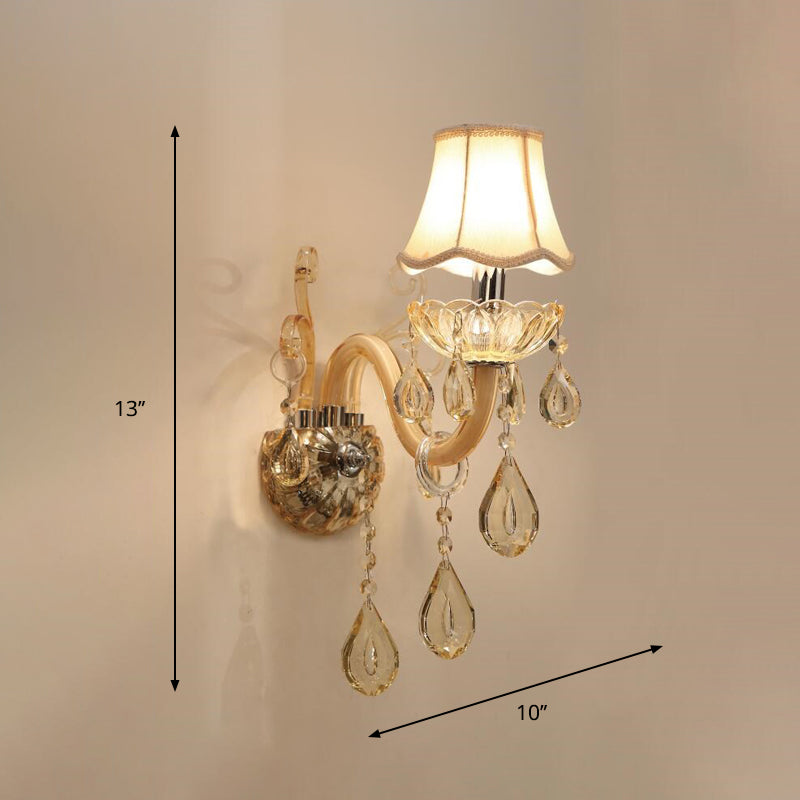 1/2-Head Swirled Arm Wall Lighting Traditional Champagne Crystal Drops Sconce with Flared Fabric Shade