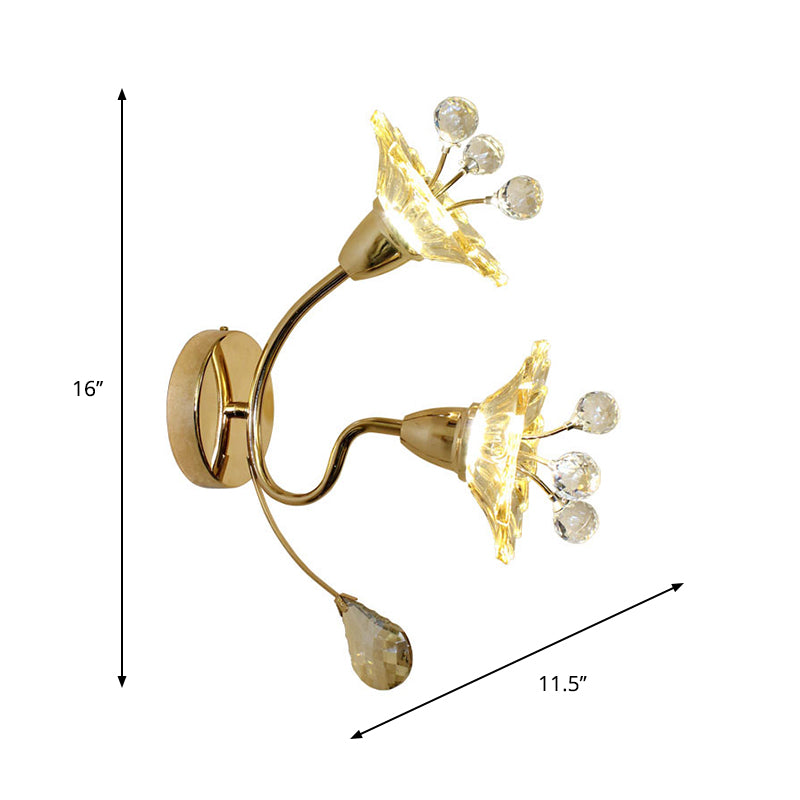 Clear Crystal Glass Gold Wall Lamp Daisy Shade 2 Bulbs Traditional Sconce Light for Bedside