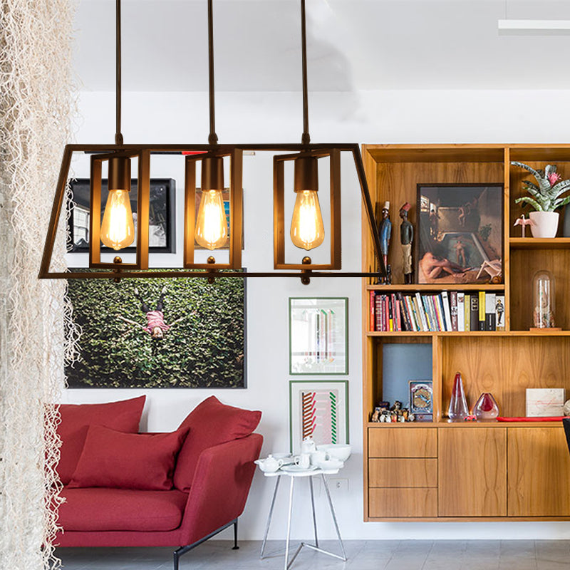 Farmhouse Trapezoid Frame isola Luce a sospensione 3 luci Metallic Island Lampadella Lampada con lampadina aperta in nero