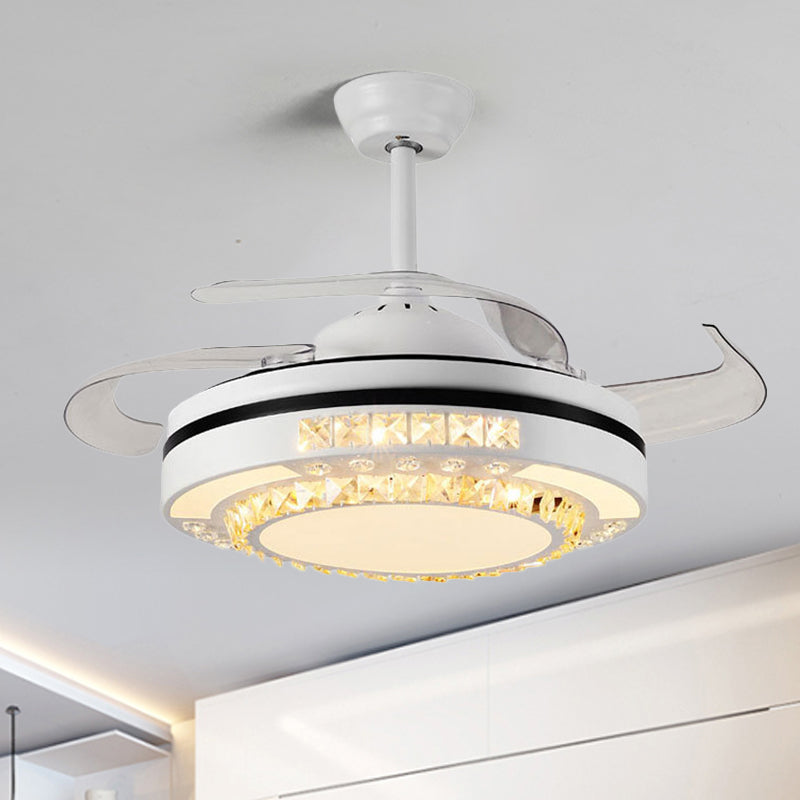 LED Round Pendant Fan Lamp Modern White Clear Crystal Blocks Semi Flush with 4 Blades, 21.5" Wide
