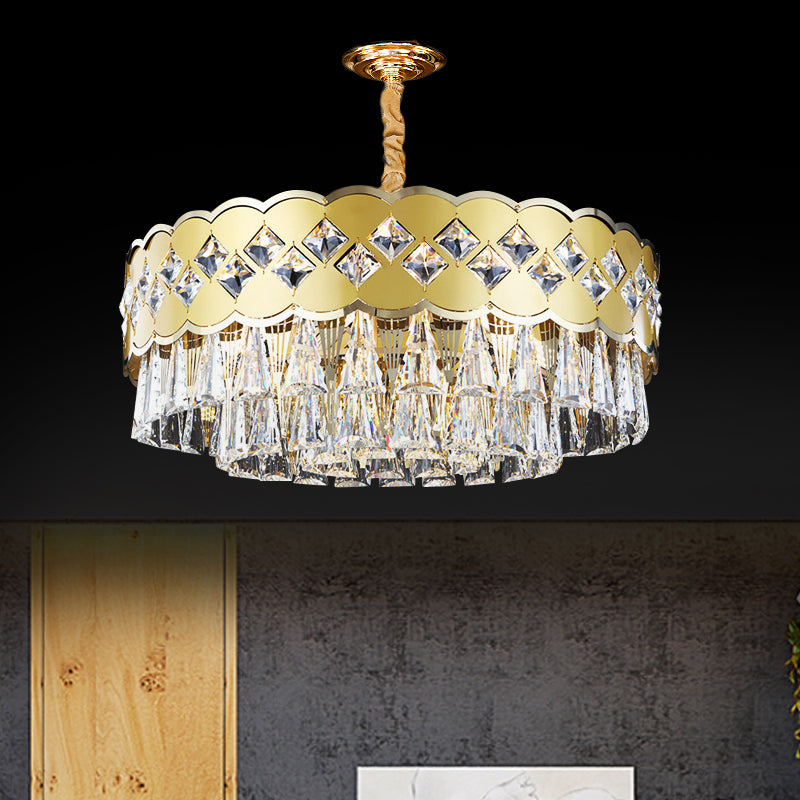 Gold Finish Drum Kroonluchter Modern Clear Crystal Drops 9 Heads Great Room Pendant Lighting, 19,5 "/23.5" Breedte