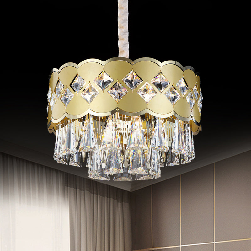 Gold Finish Drum Kroonluchter Modern Clear Crystal Drops 9 Heads Great Room Pendant Lighting, 19,5 "/23.5" Breedte