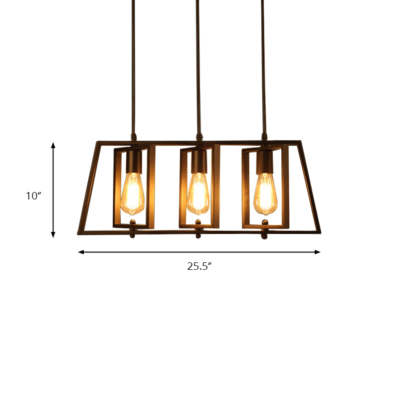 Farmhouse Trapezoid Frame isola Luce a sospensione 3 luci Metallic Island Lampadella Lampada con lampadina aperta in nero