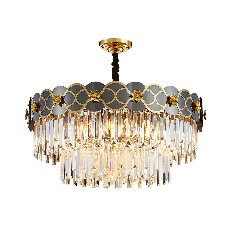 6 ampoules Priss en verre transparent pendentif traditionnel fin finition gris conique lustre plafond de salon avec décoration de fleurs dorées