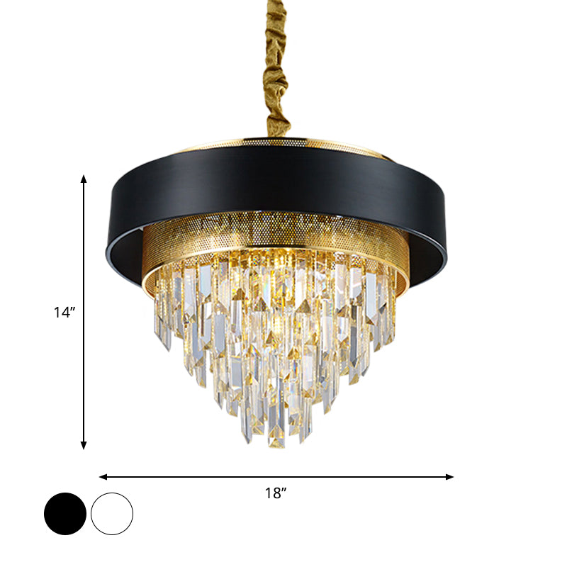 5 hoofden taps toelopend plafond kroonluchter traditionele zwart/witte afwerking heldere kristalprisma's hanger met goud gaas