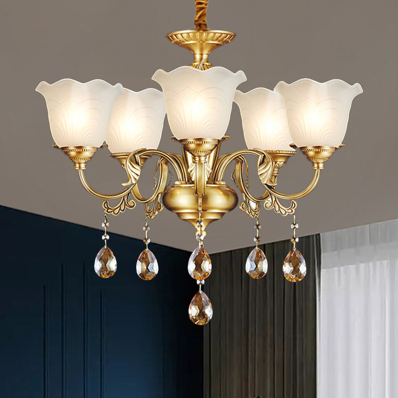 3/5 Bulbes Scrolls Lampe suspendue traditionnelle Gol Crystal Floral Shade Chandelier avec gouttes en verre transparent