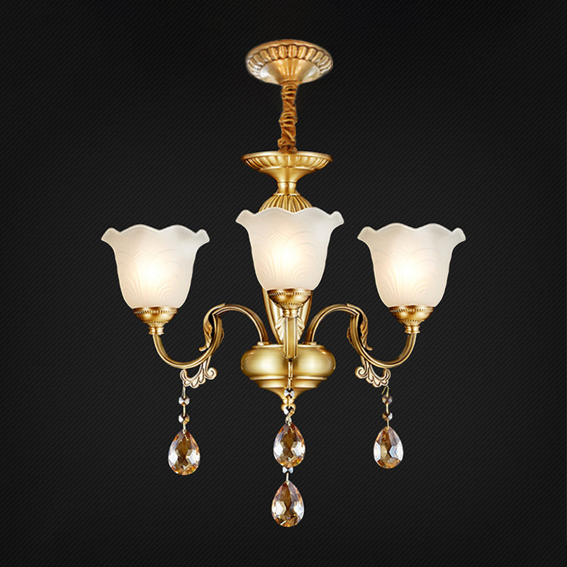 3/5 Bulbes Scrolls Lampe suspendue traditionnelle Gol Crystal Floral Shade Chandelier avec gouttes en verre transparent