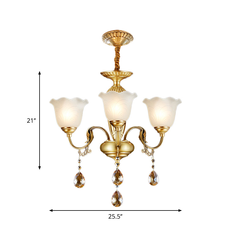 3/5 Bulbes Scrolls Lampe suspendue traditionnelle Gol Crystal Floral Shade Chandelier avec gouttes en verre transparent