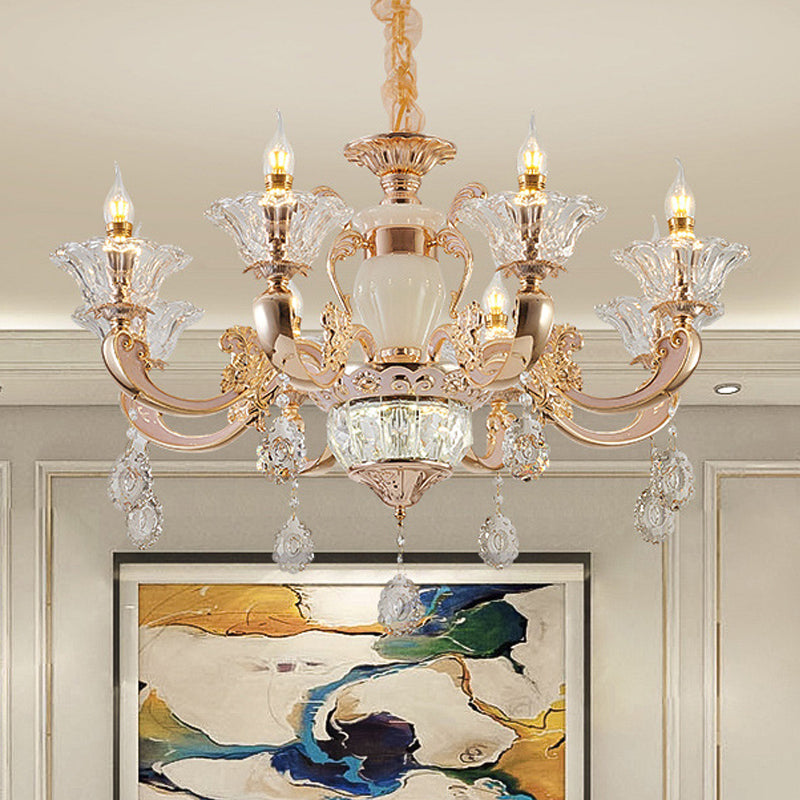 6/8 Bulbes Éclairage de suspension traditionnelle Fleur Clear Crystal Shade Chandelier avec bras sinueux en or