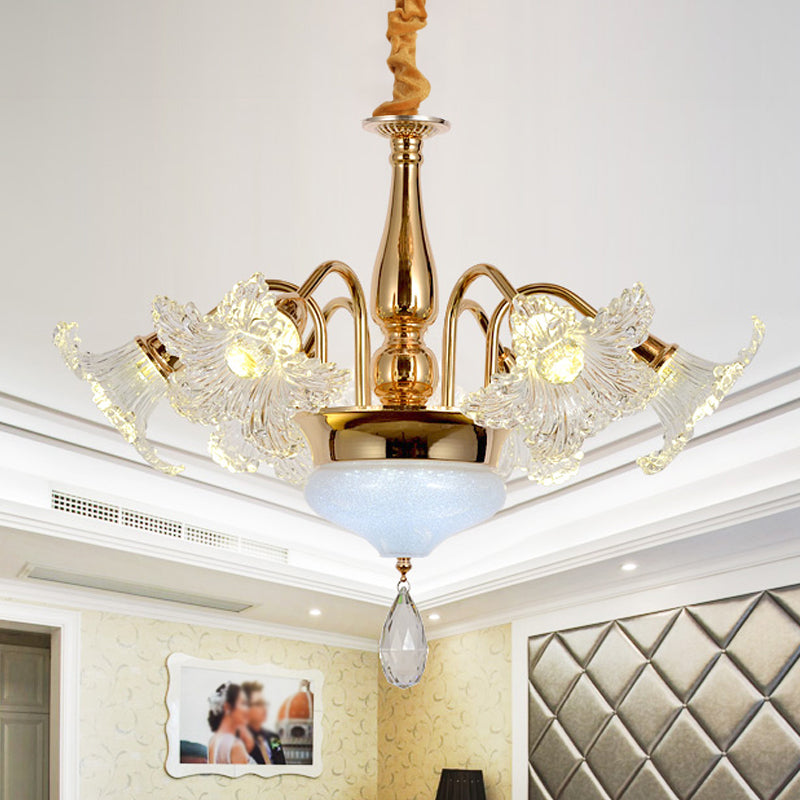 Gold 7/10 Bulbs Ceiling Light Modern Clear Crystal Floral Shade Scrolls Hanging Chandelier