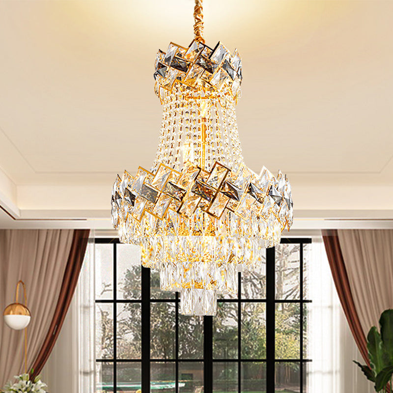 5/8 Heads Basket Chandelier Contemporary Gold Finish Clear Cut Crystal Blocks Ceiling Lighting, 16"/19.5" Wide