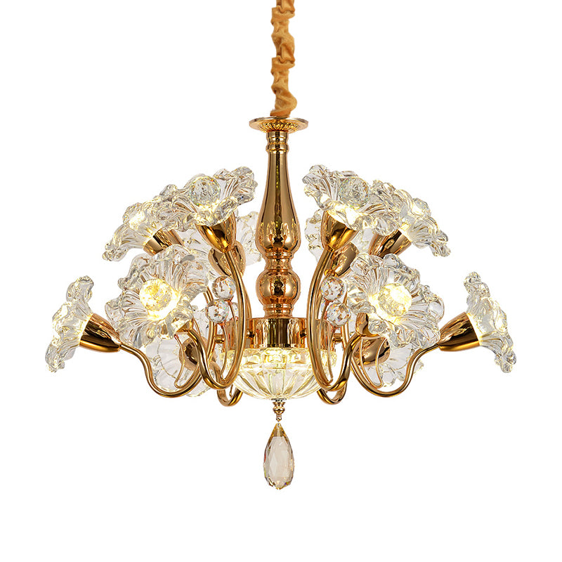 12 ampoules tourbillonnant le lustre traditionnel Gol d'or traditionnel clair à 2 niveaux de fleur de fleur de fleur de plafond