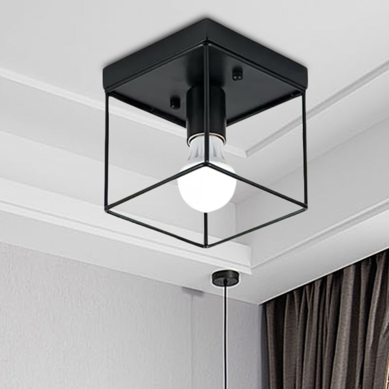 1 Light Ceiling Light Fixture with Frame Squared Shade Metal Industrial Indoor Flushmount Light in Black / White