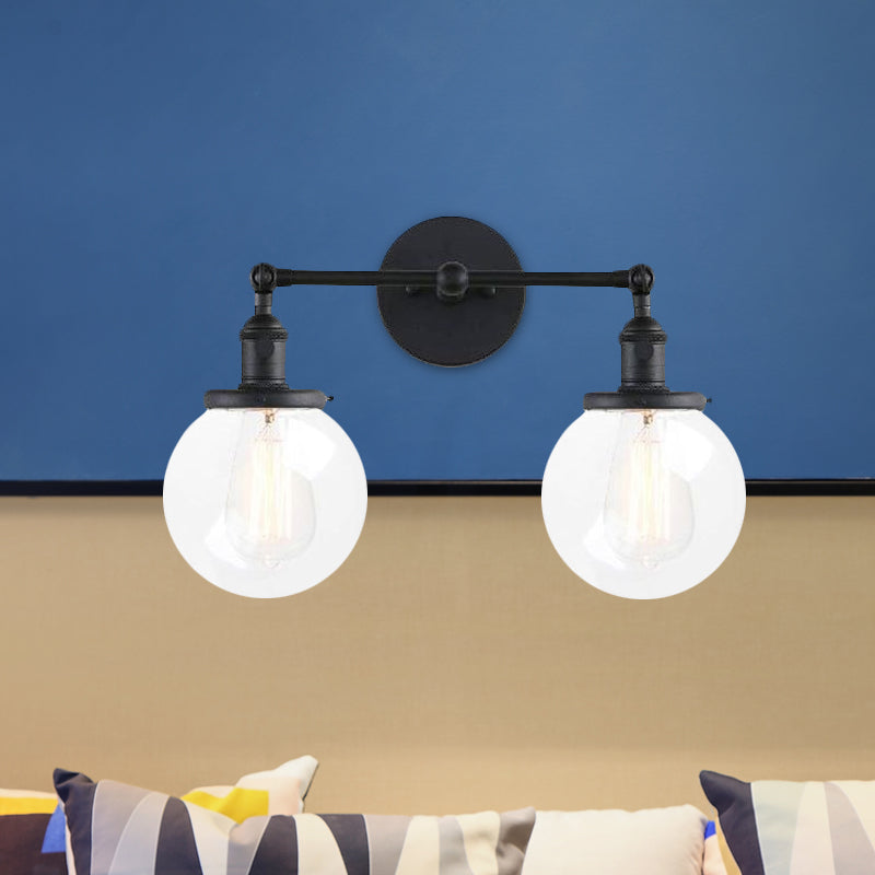 Round Living Room Wall Light Fixture Industrial Clear Glass 2-Light Black/Brass Sconce Lamp for Study Room