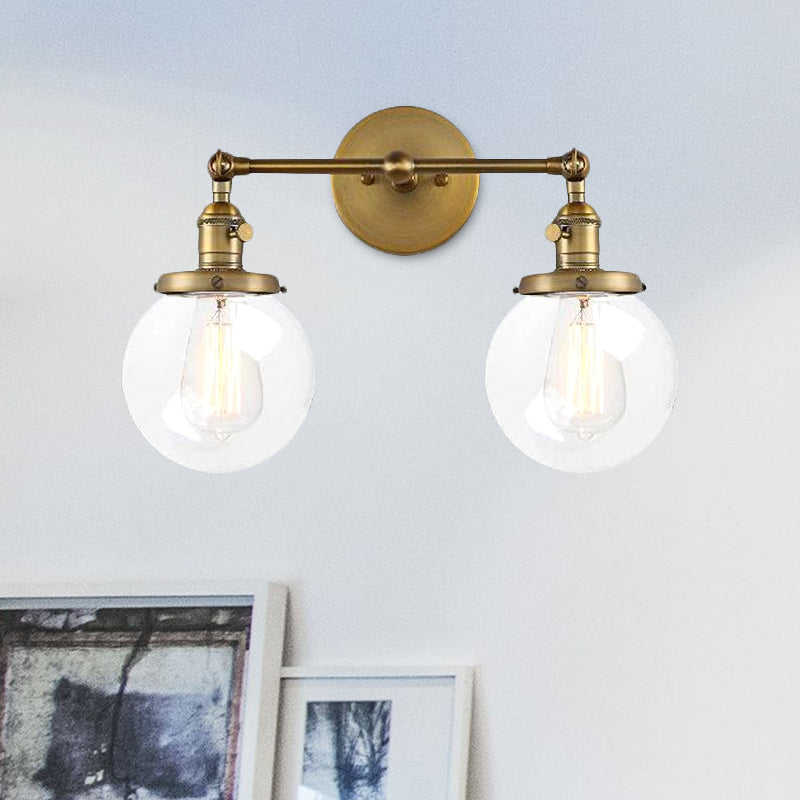 Round Living Room Wall Light Fixture Industrial Clear Glass 2-Light Black/Brass Sconce Lamp for Study Room