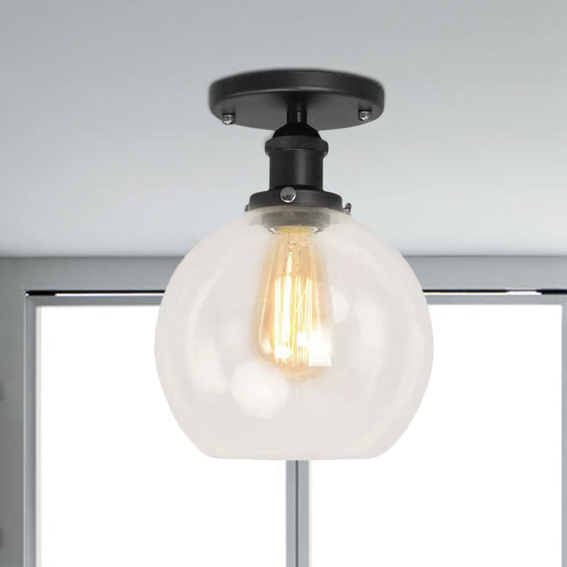 Plafonnier sphérique semi-affleurant industriel en verre transparent, une lumière, noir/laiton/cuivre, pour balcon