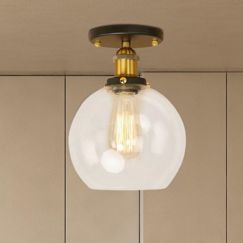Plafonnier sphérique semi-affleurant industriel en verre transparent, une lumière, noir/laiton/cuivre, pour balcon