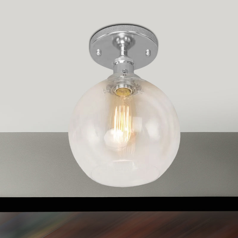 Plafonnier sphérique semi-affleurant industriel en verre transparent, une lumière, noir/laiton/cuivre, pour balcon