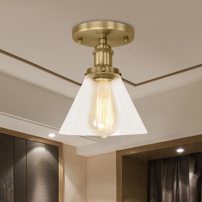Single Bulb Semi-Flush Mount Industrial Conical Clear Glass Ceiling Light in Black / Brass / Copper