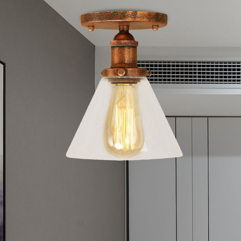 Single Bulb Semi-Flush Mount Industrial Conical Clear Glass Ceiling Light in Black / Brass / Copper