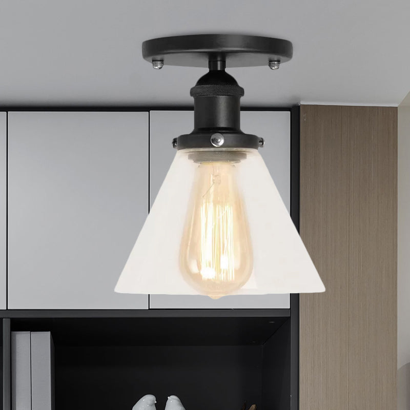 Single Bulb Semi-Flush Mount Industrial Conical Clear Glass Ceiling Light in Black / Brass / Copper