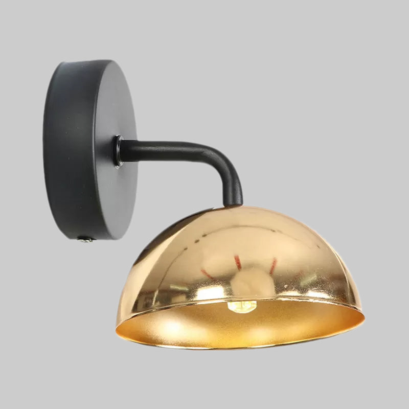 1 Light Wall Sconce Industrial Dome Shade Metal Down Wall Light with Curved Arm in Black/Brass for Bedroom