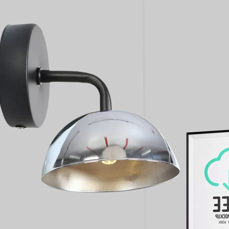 1 Light Wall Sconce Industrial Dome Shade Metal Down Wall Light with Curved Arm in Black/Brass for Bedroom