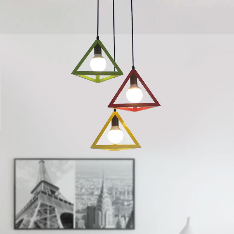 3 Heads Hanging Lamp Retro Industrial Triangle Metallic Pendant Lighting with Wire Guard and Linear/Round Canopy in Black/White