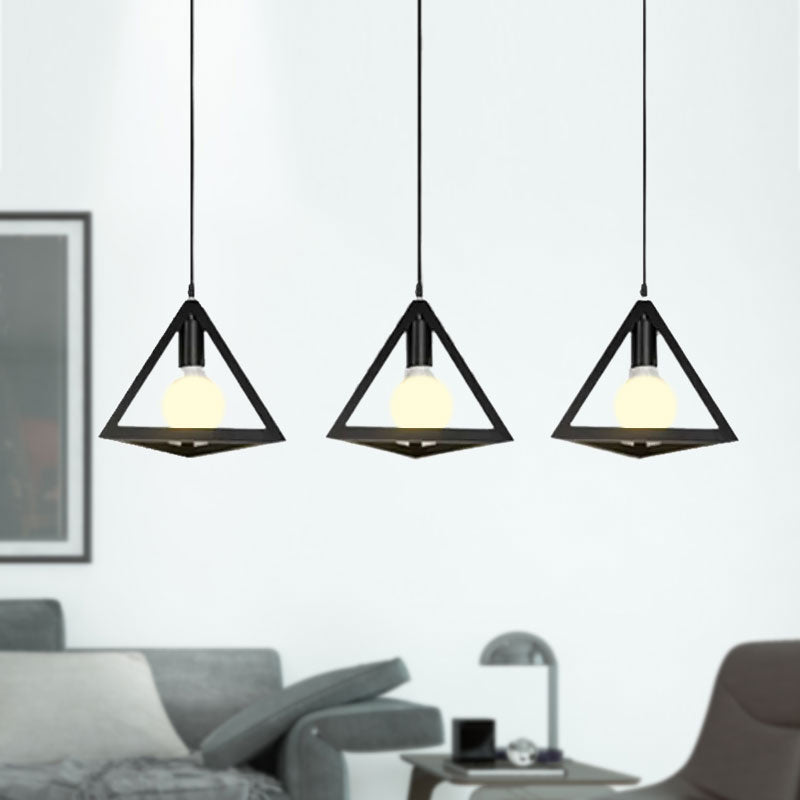 3 Heads Hanging Lamp Retro Industrial Triangle Metallic Pendant Lighting with Wire Guard and Linear/Round Canopy in Black/White