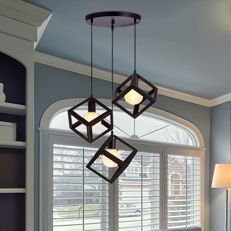 3 bulbos colgante de metal luz industrial lámpara de techo de sala de estar cuadrada cuadrada industrial con sombra de jaula de alambre