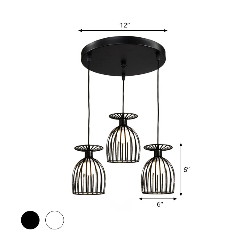 Wine Glass Metal Pendant Light Fixture with Cage Shade Industrial 3 Lights Dining Room Ceiling Light in Black/White