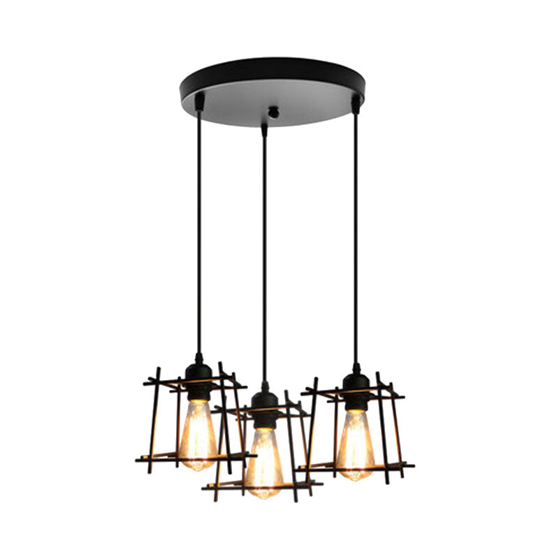 Farmhouse Square Cage Hanging Light 3 Lichter Metall Deckenanhänger in Schwarz/Weiß für Esszimmer