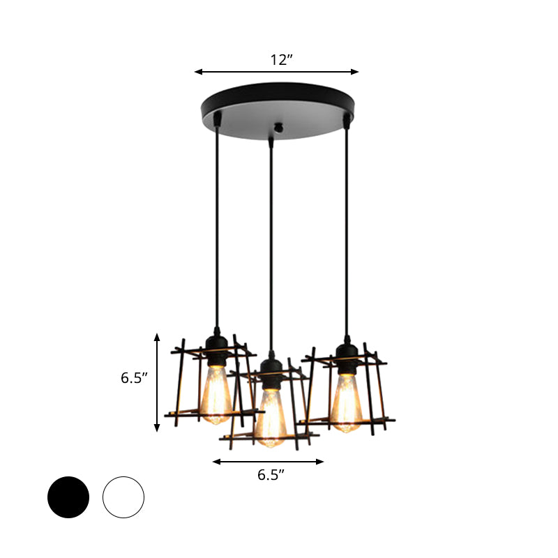 Farmhouse Square Cage Hanging Light 3 Lichter Metall Deckenanhänger in Schwarz/Weiß für Esszimmer