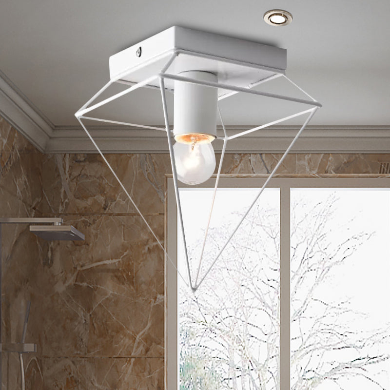 1 Light Cage Diamond Flush Mount Ceiling Light Loft Stylish Black/White Metallic Ceiling Lamp for Study Room