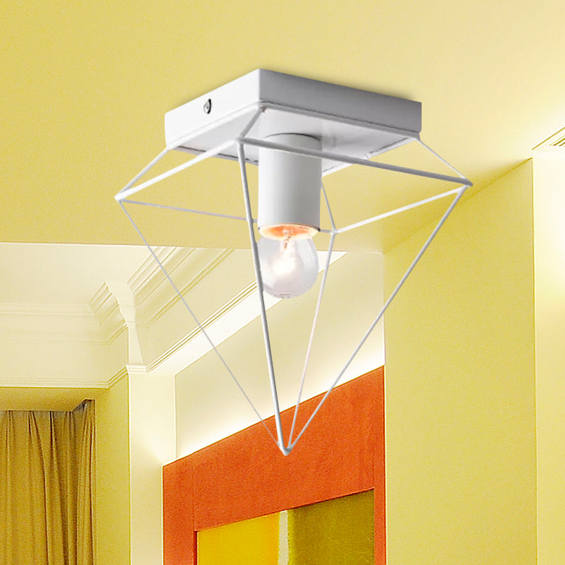 1 Light Cage Diamond Flush Mount Ceiling Light Loft Stylish Black/White Metallic Ceiling Lamp for Study Room