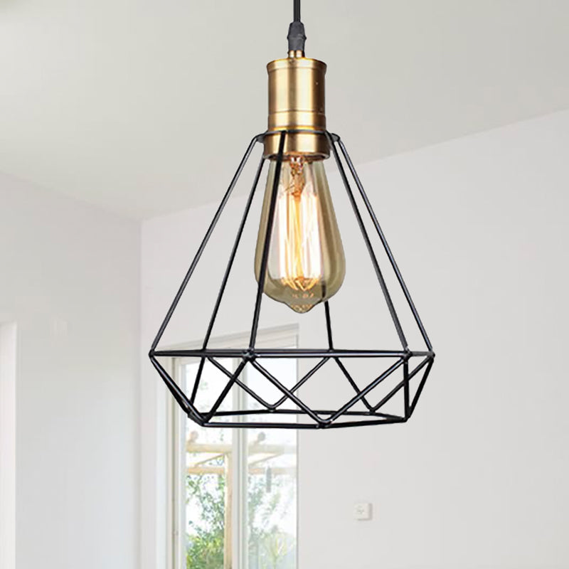Retro Diamond Cage Pendant Light 1 Bulb Iron Hanging Lamp in Brass/Antique Brass for Living Room