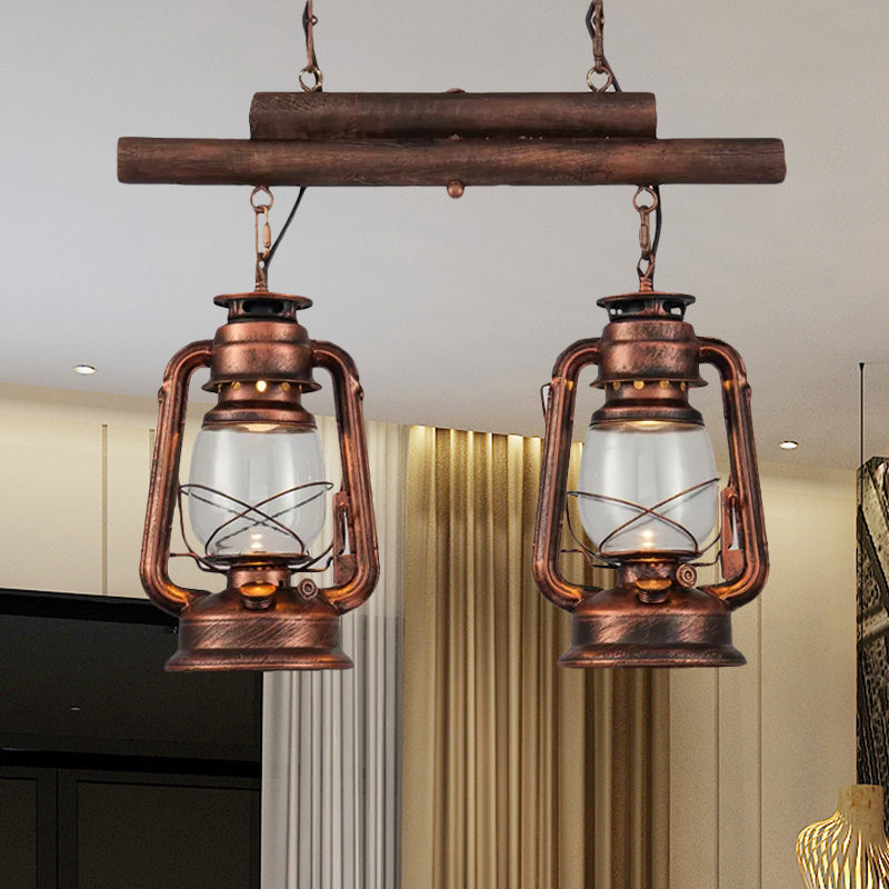 Bronze/Copper Lantern Island Light Fixture Coastal Clear Glass 2-Bulb Kitchen Hanging Lamp