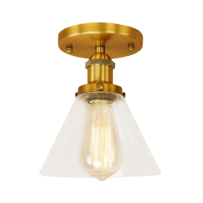 Single Bulb Semi-Flush Mount Industrial Conical Clear Glass Ceiling Light in Black / Brass / Copper