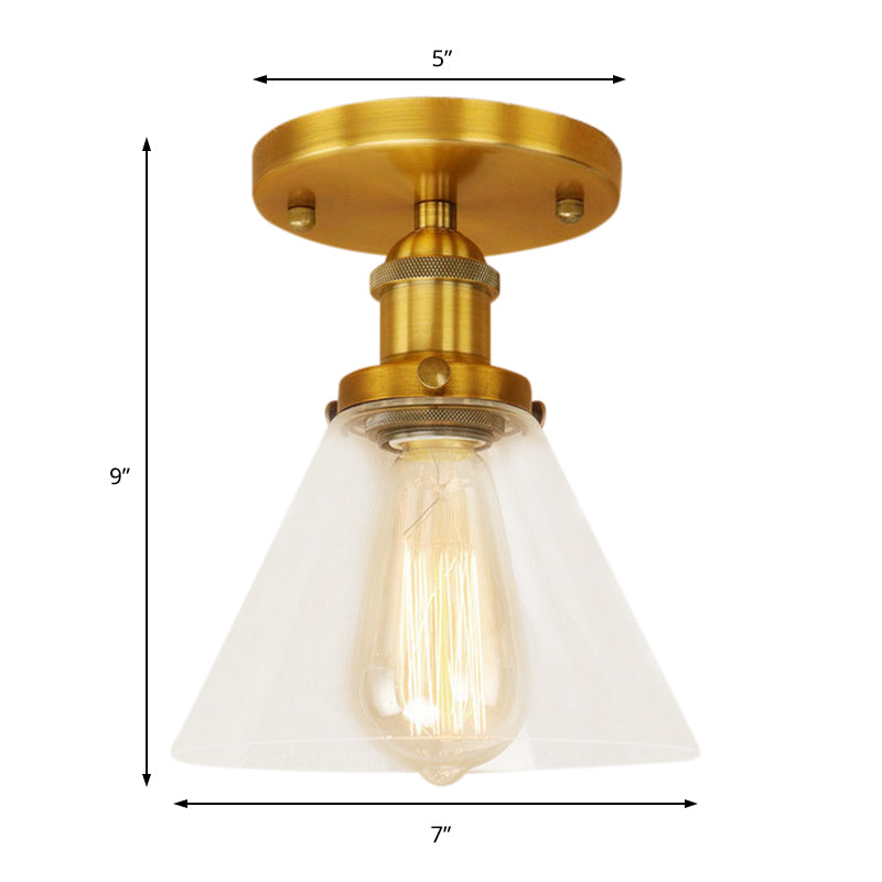Single Bulb Semi-Flush Mount Industrial Conical Clear Glass Ceiling Light in Black / Brass / Copper