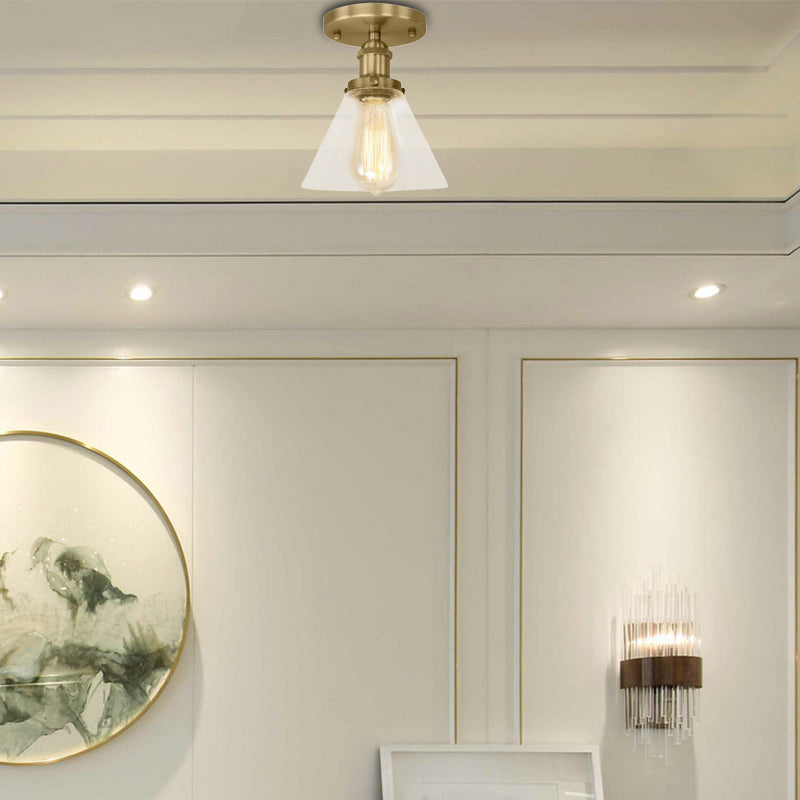 Single Bulb Semi-Flush Mount Industrial Conical Clear Glass Ceiling Light in Black / Brass / Copper