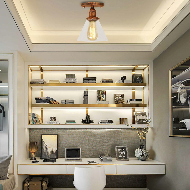 Single Bulb Semi-Flush Mount Industrial Conical Clear Glass Ceiling Light in Black / Brass / Copper