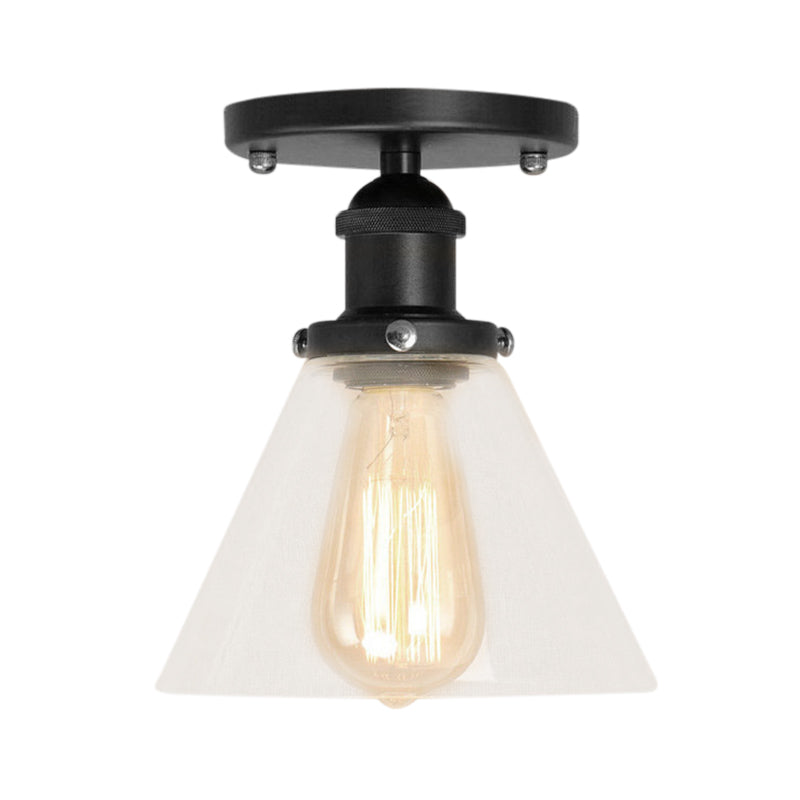 Single Bulb Semi-Flush Mount Industrial Conical Clear Glass Ceiling Light in Black / Brass / Copper