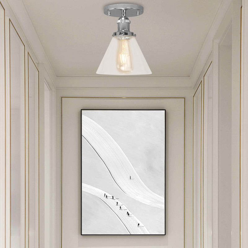 Single Bulb Semi-Flush Mount Industrial Conical Clear Glass Ceiling Light in Black / Brass / Copper